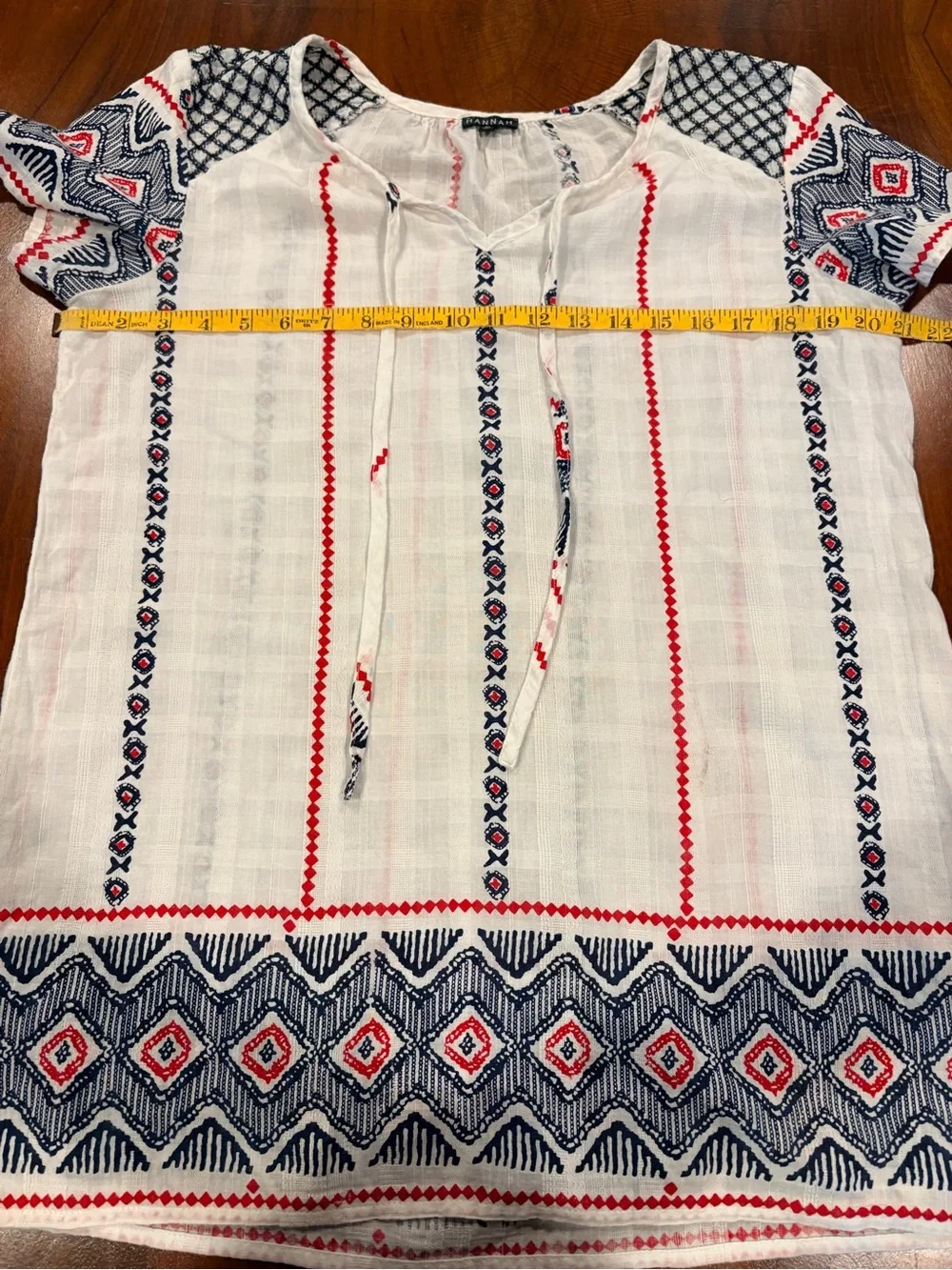 Women’s White Embroidered Peasant Top with Red & Navy Accents, size M - Picture 5 of 6